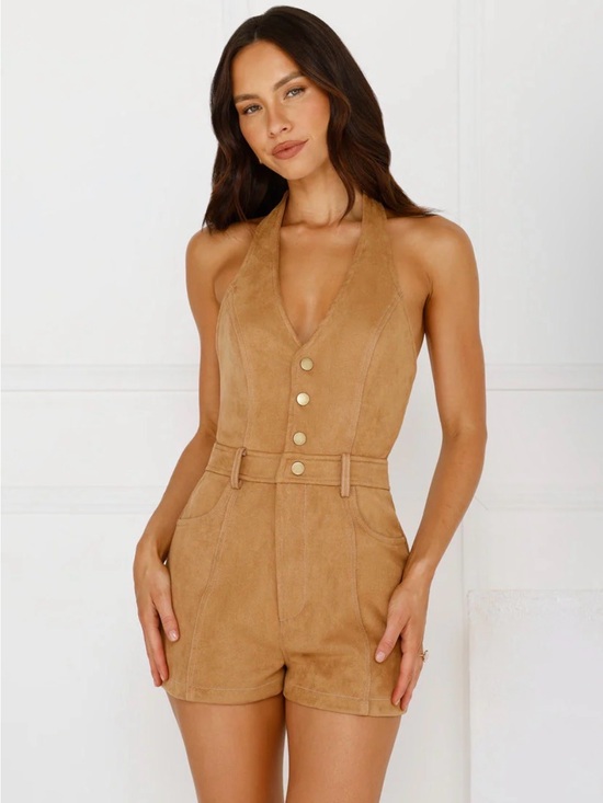 Hello Molly Pants - Hello Molly RODEO RAZZLE SUEDE HALTER ROMPER TAN size m